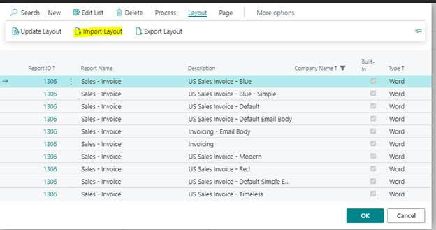 Import report custom layout in Dynamics 365 Business Central