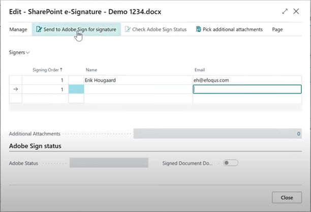 Send to Adobe Sign from Dynamics 365 Business Central with SharePoint Connector