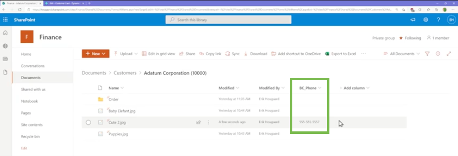 sharepoint connector adding metadata to dynamics 365