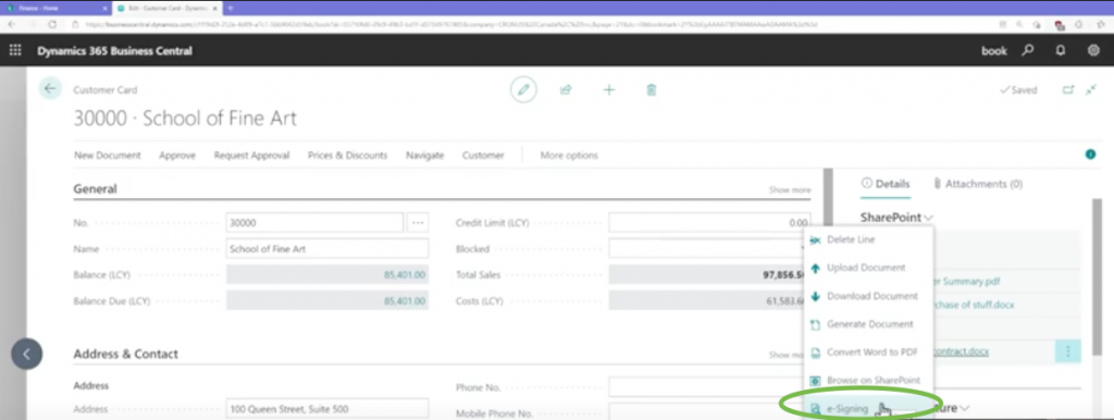 sharepoint connector e-sign in dynamics business central