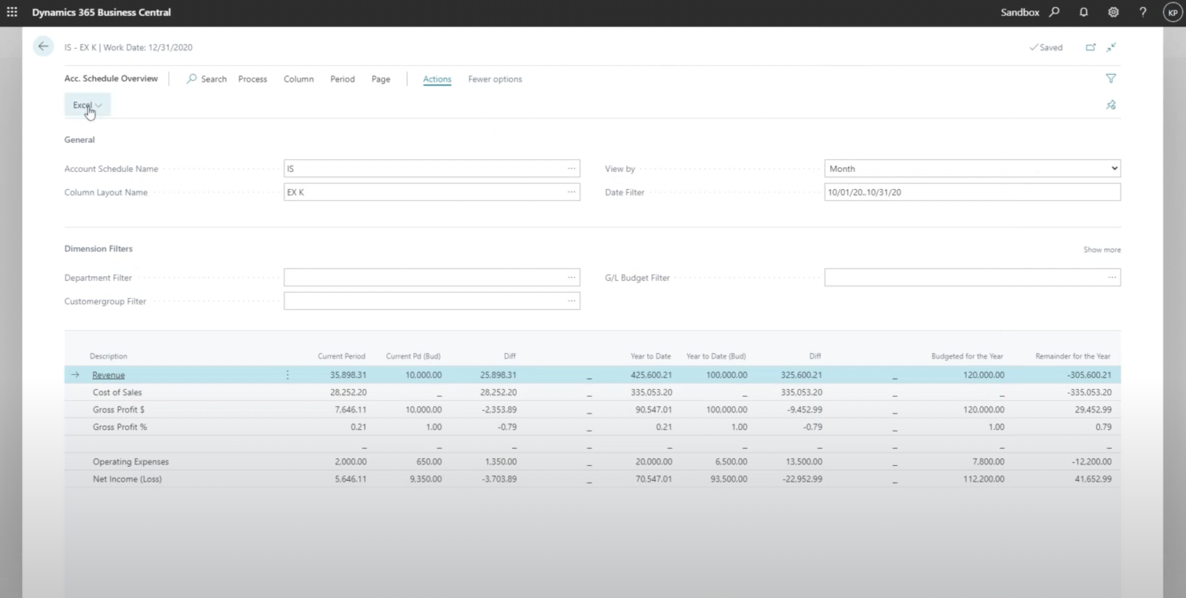 account schedules overview dynamics 365