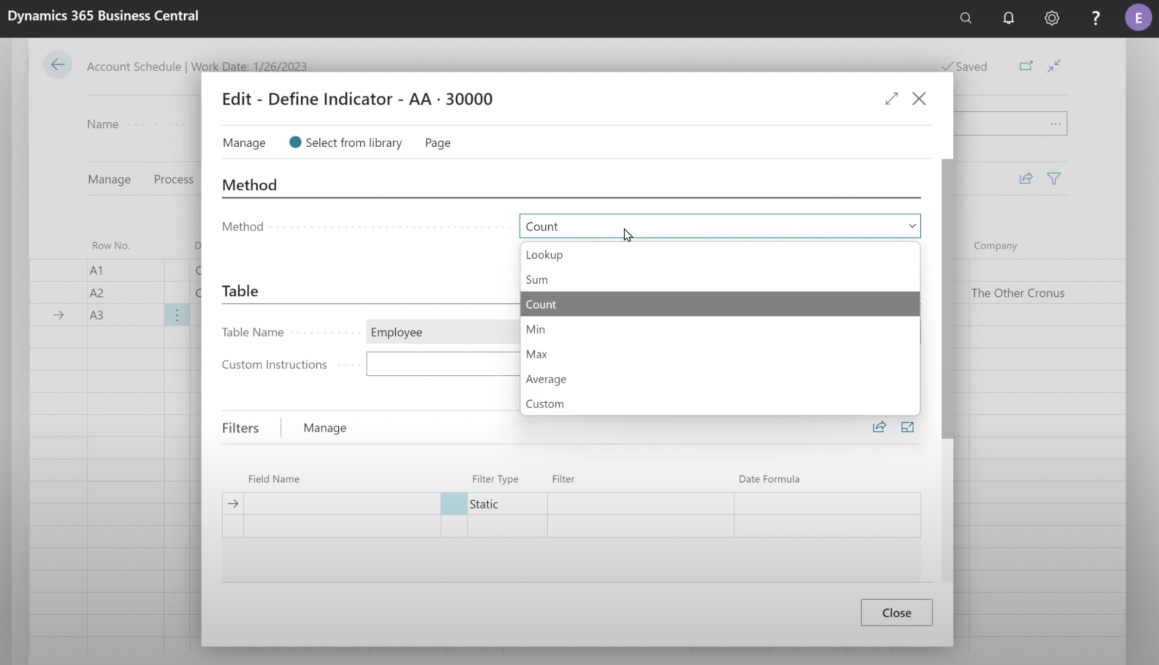 configuring indicator method in advanced account schedules app