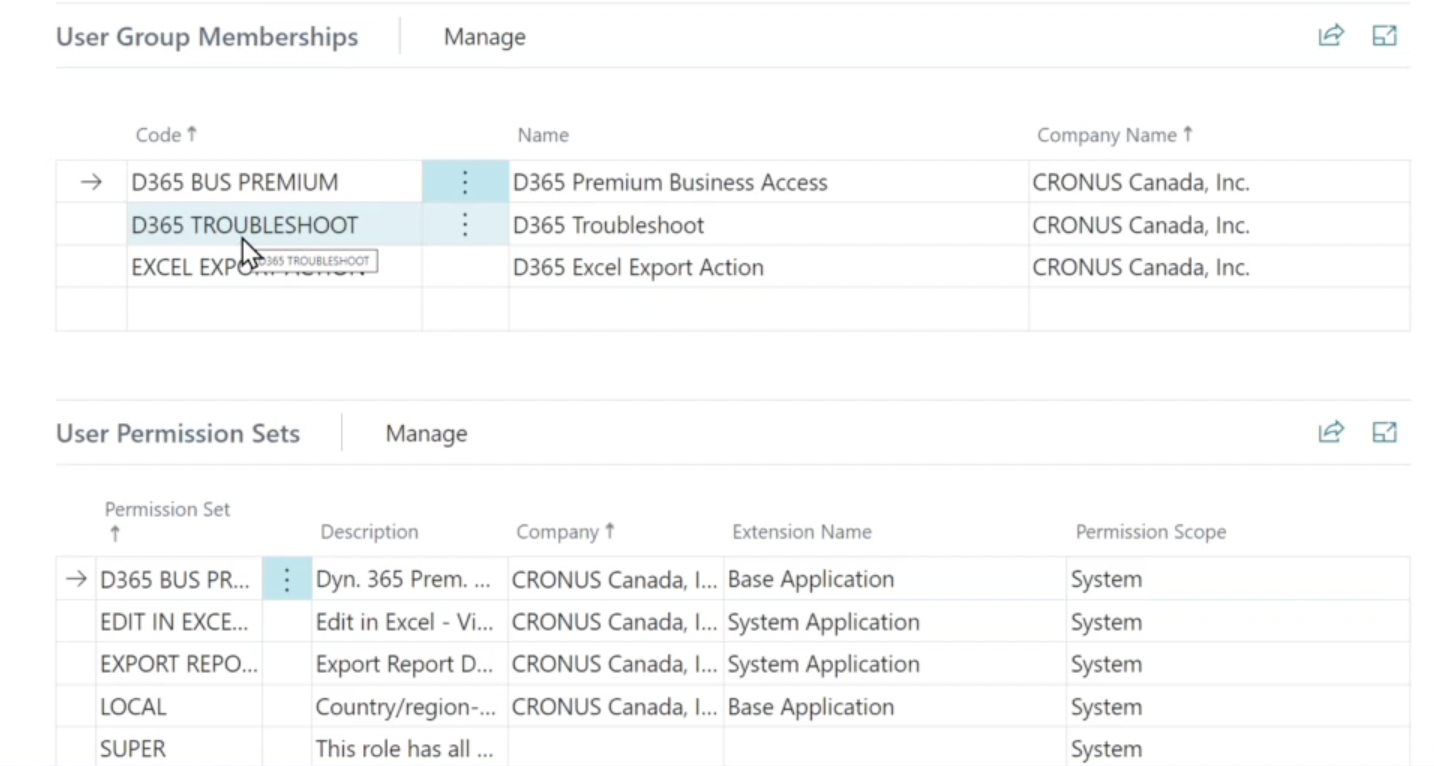 Dynamics 365 Business Central user group membership and permission sets