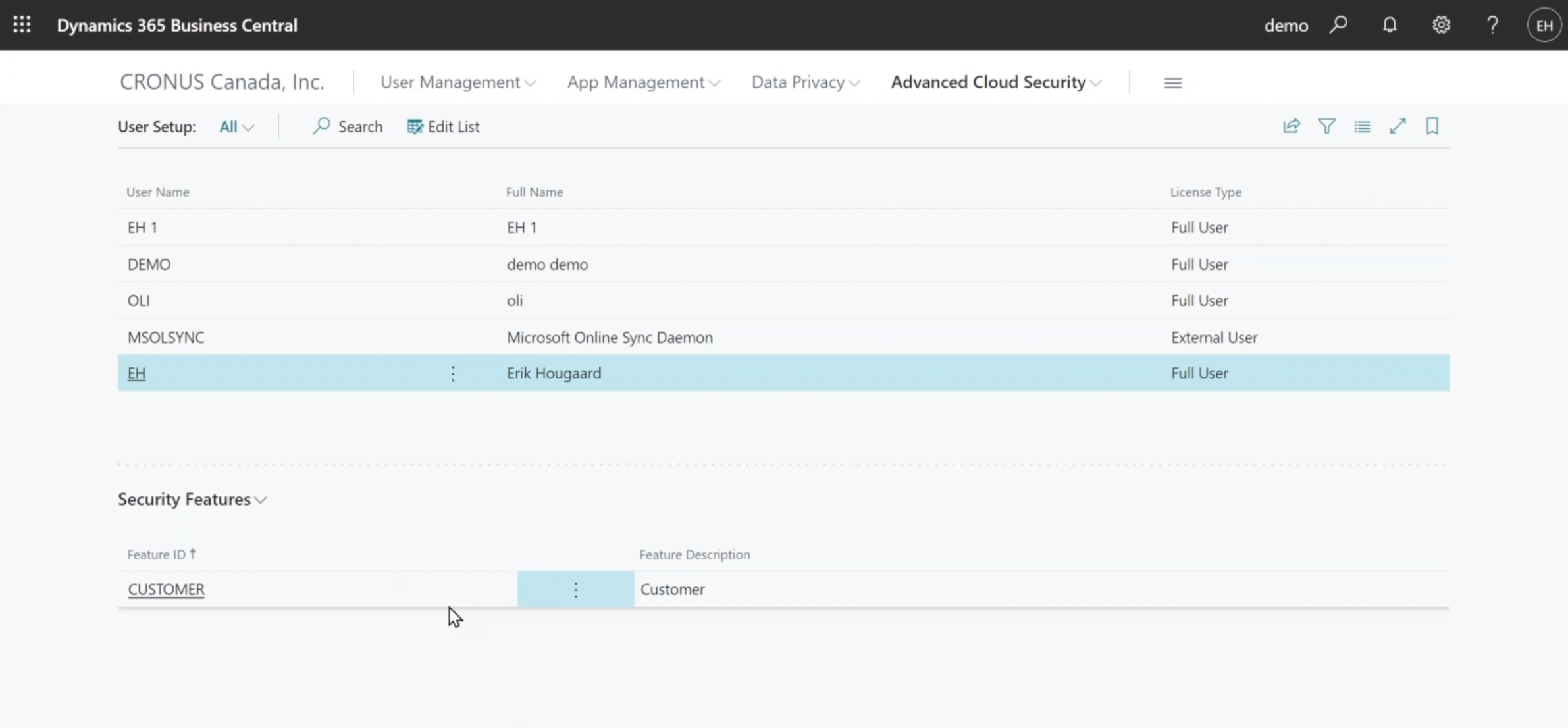 assigning security feature to independent user in Dynamics 365 Business Central