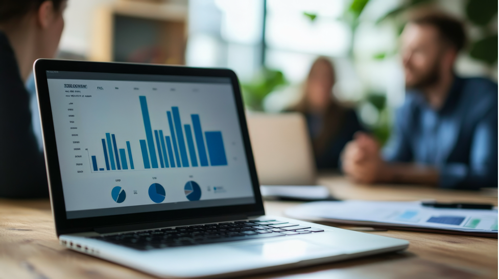 Open laptop displaying various analytic graphs and charts is the central focus, contributing to business productivity.